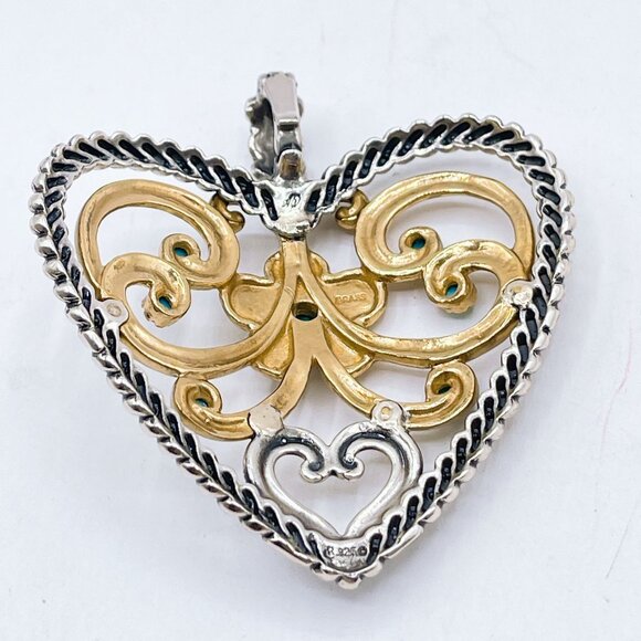 Carolyn Pollack 925 Sterling Silver & Brass Heart Pendant Turquoise Accents Larg - Picture 8 of 9